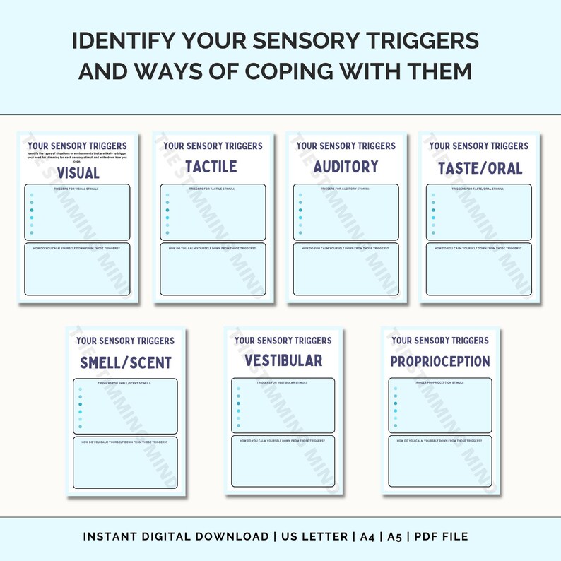 May include: Printable worksheet with the title "Identify Your Sensory Triggers and Ways of Coping With Them". The worksheet is divided into six sections: Visual, Tactile, Auditory, Taste/Oral, Smell/Scent, and Vestibular. Each section has a space for listing triggers and coping mechanisms.