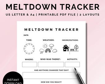 Könnte beinhalten: Ein druckbares schwarz-weißes "Meltdown Tracker"-Dokument mit Abschnitten für Datum, Uhrzeit, Wetter und Aktivität. Enthält eine Uhrgrafik und den Text "Instant Download". Ein Stift liegt auf dem Dokument.
