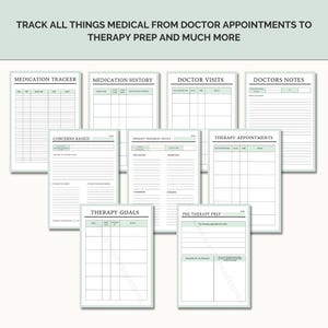 Peut inclure: Un suivi m&eacute;dical imprimable avec des sections pour les m&eacute;dicaments, les visites chez le m&eacute;decin, les rendez-vous de th&eacute;rapie et plus encore. Les pages sont blanches avec du texte noir et des lignes.