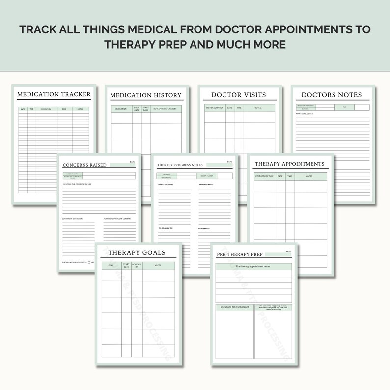 Peut inclure: Un suivi m&eacute;dical imprimable avec des sections pour les m&eacute;dicaments, les visites chez le m&eacute;decin, les rendez-vous de th&eacute;rapie et plus encore. Les pages sont blanches avec du texte noir et des lignes.