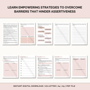 K&ouml;nnte beinhalten: Ein rosa-wei&szlig;es druckbares Arbeitsbuch mit dem Titel "Lernen Sie erm&auml;chtigende Strategien, um Barrieren zu &uuml;berwinden, die die Durchsetzungsf&auml;higkeit behindern". Das Arbeitsbuch enth&auml;lt Abschnitte &uuml;ber assertive Kommunikation, das Ausdr&uuml;cken Ihrer Bed&uuml;rfnisse und Grenzen und den Umgang mit schwierigen Menschen.