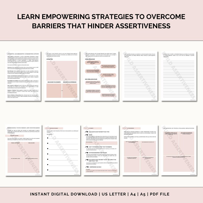 K&ouml;nnte beinhalten: Ein rosa-wei&szlig;es druckbares Arbeitsbuch mit dem Titel "Lernen Sie erm&auml;chtigende Strategien, um Barrieren zu &uuml;berwinden, die die Durchsetzungsf&auml;higkeit behindern". Das Arbeitsbuch enth&auml;lt Abschnitte &uuml;ber assertive Kommunikation, das Ausdr&uuml;cken Ihrer Bed&uuml;rfnisse und Grenzen und den Umgang mit schwierigen Menschen.