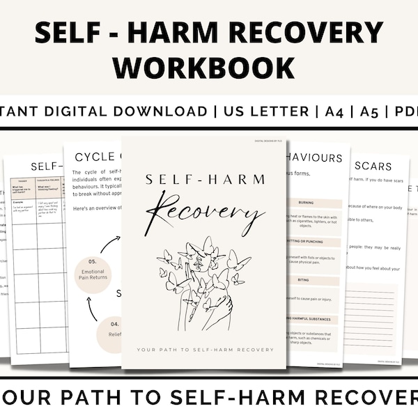 Self-Harm Recovery Therapy Worksheets, Tools For Self Injury Recovery, Self Harm Prevention, Healthy Coping for Self Injury, Safety Plan