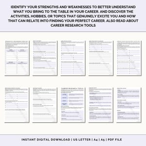 May include: A printable worksheet with a light purple background and black text. The worksheet is divided into sections with titles such as "Strengths & Weaknesses Analysis", "Identify Your Passion", "Career Research Tools", and "Job Descriptions & Decisions". The worksheet is designed to help users identify their strengths and weaknesses, discover their passions, and research career options.