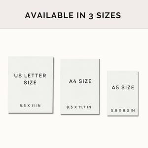 May include: Three white cards with black text showing the different sizes available for a print. The sizes are US Letter (8.5 x 11 inches), A4 (8.3 x 11.7 inches), and A5 (5.8 x 8.3 inches).
