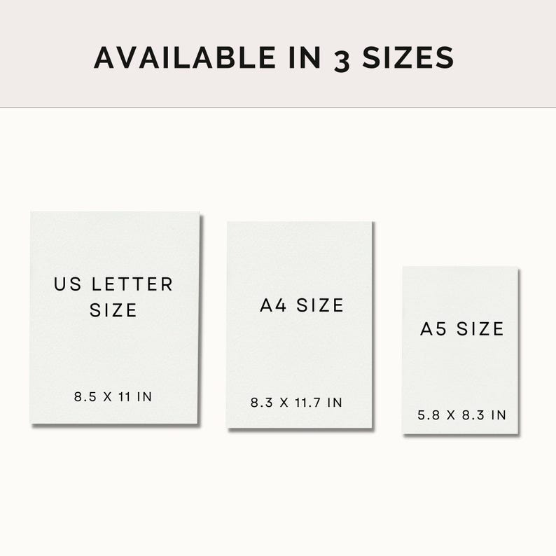 May include: Three white cards with black text showing the different sizes available for a print. The sizes are US Letter (8.5 x 11 inches), A4 (8.3 x 11.7 inches), and A5 (5.8 x 8.3 inches).