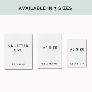 Peut inclure: Trois formats de papier blanc avec du texte indiquant la taille et les dimensions en pouces. US Letter Size 8.5 x 11 in, A4 Size 8.3 x 11.7 in, A5 Size 5.8 x 8.3 in.