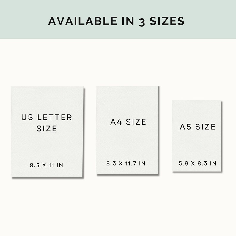 Peut inclure: Trois formats de papier blanc avec du texte indiquant la taille et les dimensions en pouces. US Letter Size 8.5 x 11 in, A4 Size 8.3 x 11.7 in, A5 Size 5.8 x 8.3 in.