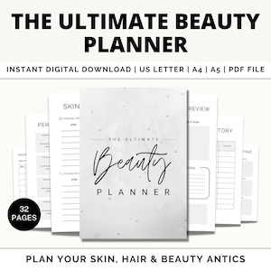May include: A printable beauty planner with a gray and white marble background. The planner has the text "The Ultimate Beauty Planner" in black text. The planner has 32 pages and is available as a digital download.