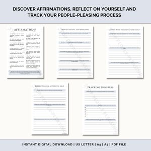 May include: A printable worksheet with the title "Discover Affirmations, Reflect on Yourself and Track Your People-Pleasing Process". The worksheet is divided into five sections: Affirmations, Understanding Assertiveness, Coping with Discomfort and Guilt, Reflecting on Authentic Self, and Tracking Progress. Each section has lines for writing.