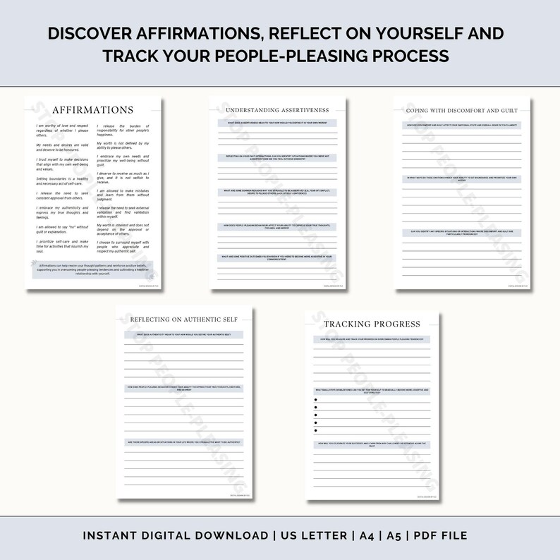 May include: A printable worksheet with the title "Discover Affirmations, Reflect on Yourself and Track Your People-Pleasing Process". The worksheet is divided into five sections: Affirmations, Understanding Assertiveness, Coping with Discomfort and Guilt, Reflecting on Authentic Self, and Tracking Progress. Each section has lines for writing.