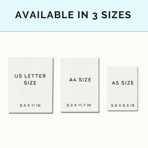 May include: Three white paper sizes with dimensions listed in inches: US Letter (8.5 x 11 in), A4 (8.3 x 11.7 in), and A5 (5.8 x 8.3 in).