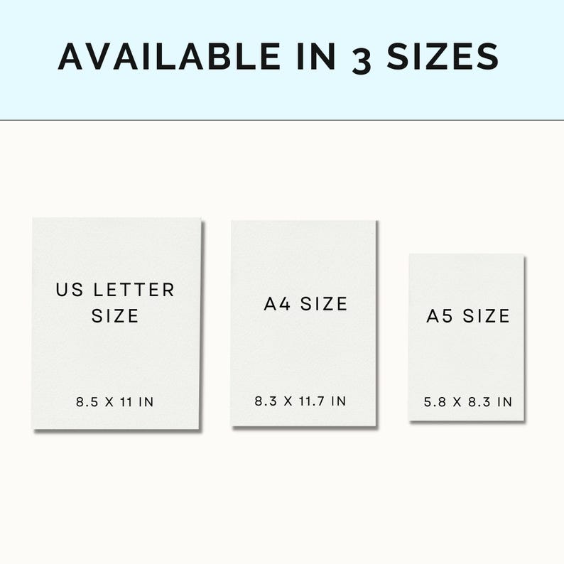 May include: Three white paper sizes with dimensions listed in inches: US Letter (8.5 x 11 in), A4 (8.3 x 11.7 in), and A5 (5.8 x 8.3 in).