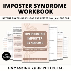May include: A digital workbook titled "Overcoming Imposter Syndrome: Unmasking Your Potential" with a peach background and brown wavy lines. The workbook is 50 pages and includes exercises to help identify and overcome imposter syndrome.