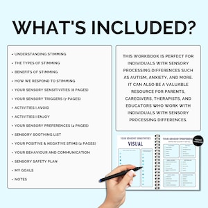 May include: A workbook titled "What's Included?" with a list of topics related to sensory processing differences. The workbook includes sections on understanding stimming, sensory sensitivities, triggers, preferences, and more. The image also shows a close-up of a page from the workbook with the heading "Your Sensory Sensitivities: Visual".
