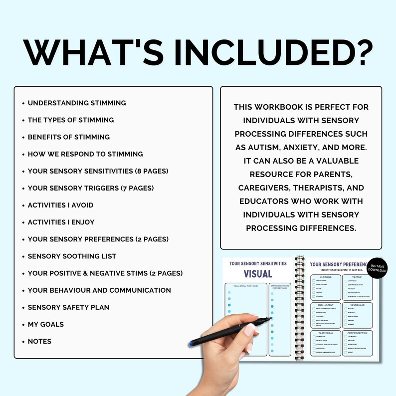 May include: A workbook titled "What's Included?" with a list of topics related to sensory processing differences. The workbook includes sections on understanding stimming, sensory sensitivities, triggers, preferences, and more. The image also shows a close-up of a page from the workbook with the heading "Your Sensory Sensitivities: Visual".