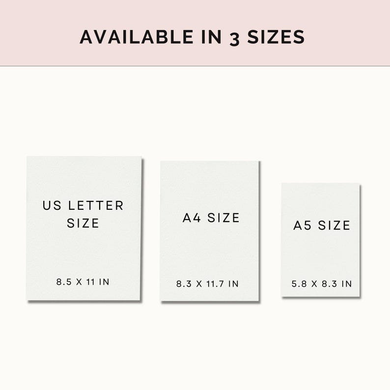 K&ouml;nnte beinhalten: Drei wei&szlig;e Karten mit schwarzem Text, die die verschiedenen Gr&ouml;&szlig;en f&uuml;r Drucke zeigen. Die Gr&ouml;&szlig;en sind US Letter (8,5 x 11 Zoll), A4 (8,3 x 11,7 Zoll) und A5 (5,8 x 8,3 Zoll).