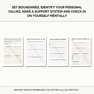 May include: Printable worksheet with four sections: Setting Personal Boundaries, Identifying Personal Values, Your Support System, and Mental Health Check In. Each section has lines for writing and a few bullet points.