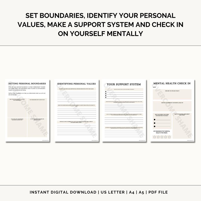 May include: Printable worksheet with four sections: Setting Personal Boundaries, Identifying Personal Values, Your Support System, and Mental Health Check In. Each section has lines for writing and a few bullet points.