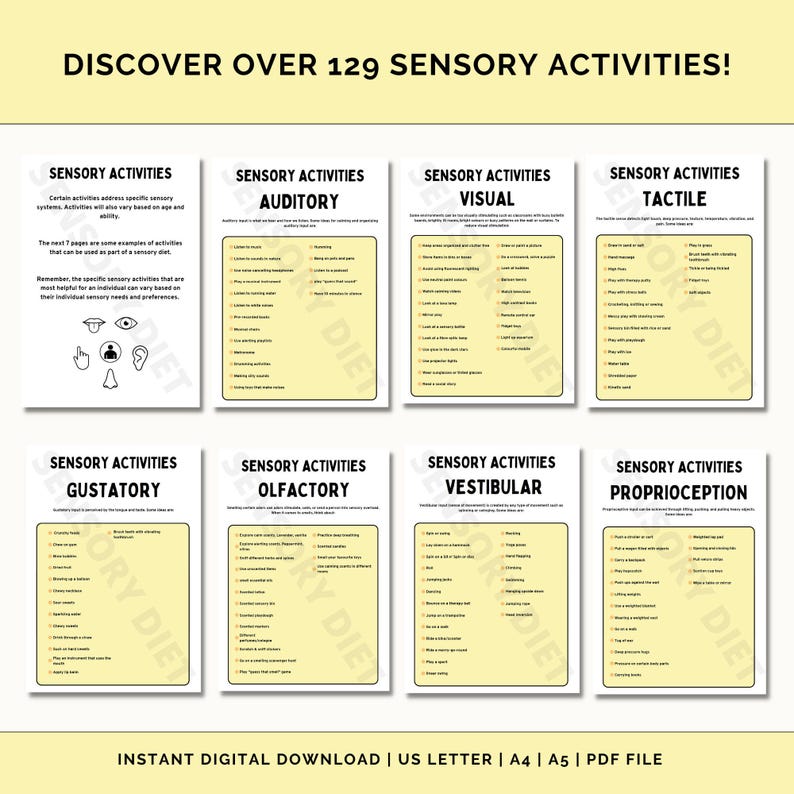 May include: A printable worksheet with a yellow background and black text. The worksheet is divided into eight sections, each with a different sensory activity: Auditory, Visual, Tactile, Gustatory, Olfactory, Vestibular, Proprioception. Each section lists a variety of activities that can be used to stimulate the corresponding sense. The worksheet is titled "Discover Over 129 Sensory Activities!"