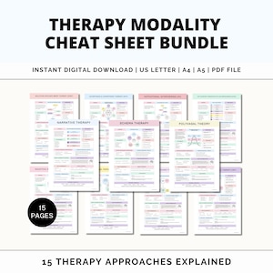 May include: A therapy modality cheat sheet bundle featuring 15 pages of therapy approaches explained. The digital download includes US letter, A4, and A5 PDF files. The pages contain structured information on various psychological theories and methods.