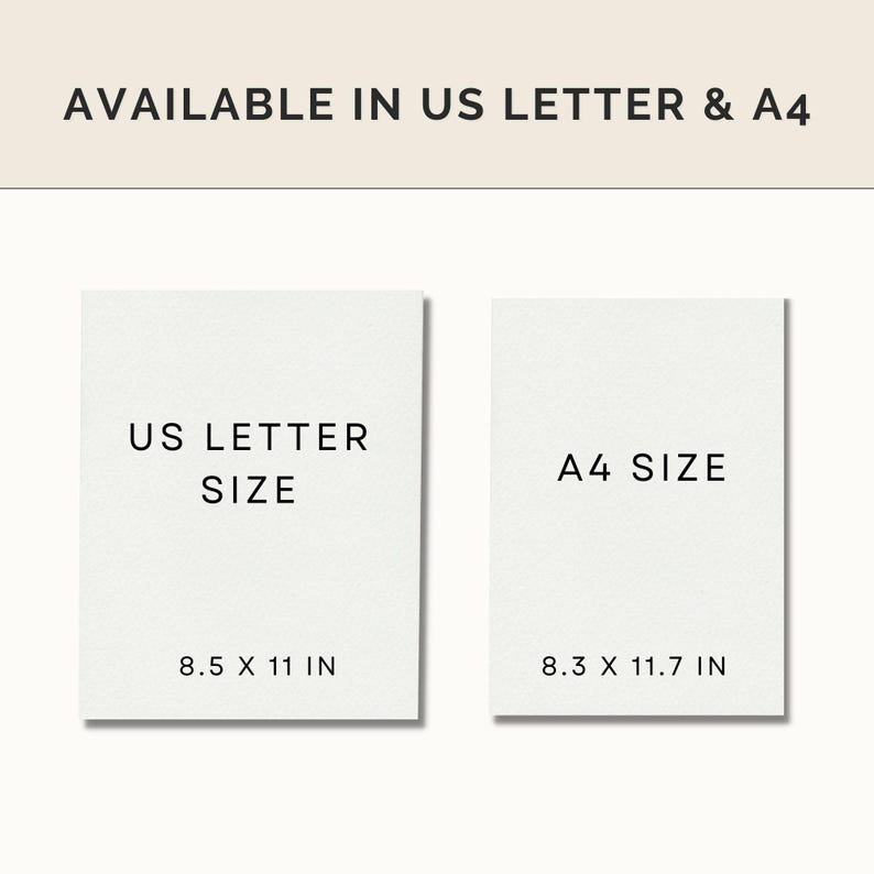 May include: Two white cards with black text showing the standard sizes for US Letter and A4 paper. The US Letter card shows 8.5 x 11 inches. The A4 card shows 8.3 x 11.7 inches.