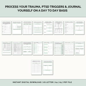 Peut inclure: Un classeur PDF imprimable avec des feuilles de travail pour aider &agrave; traiter les traumatismes, les d&eacute;clencheurs de SSPT et &agrave; tenir un journal au quotidien. Le classeur comprend des sections pour identifier les d&eacute;clencheurs, les comp&eacute;tences d'adaptation et les dates importantes.