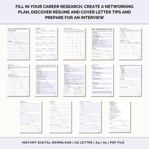 May include: A printable worksheet with sections for career research, networking plan, resume and cover letter tips, and preparing for an interview. The worksheet is designed to help job seekers organize their job search efforts.