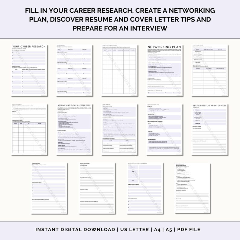 May include: A printable worksheet with sections for career research, networking plan, resume and cover letter tips, and preparing for an interview. The worksheet is designed to help job seekers organize their job search efforts.