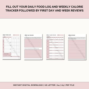 Puede incluir: Descarga digital imprimible de un registro diario de alimentos, un rastreador de calor&iacute;as semanal y p&aacute;ginas de revisi&oacute;n del primer d&iacute;a y la semana, en rosa y blanco. El texto "FILL OUT YOUR DAILY FOOD LOG AND WEEKLY CALORIE TRACKER FOLLOWED BY FIRST DAY AND WEEK REVIEWS" est&aacute; en la parte superior de la p&aacute;gina.