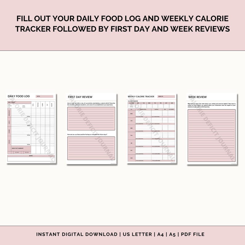 Puede incluir: Descarga digital imprimible de un registro diario de alimentos, un rastreador de calor&iacute;as semanal y p&aacute;ginas de revisi&oacute;n del primer d&iacute;a y la semana, en rosa y blanco. El texto "FILL OUT YOUR DAILY FOOD LOG AND WEEKLY CALORIE TRACKER FOLLOWED BY FIRST DAY AND WEEK REVIEWS" est&aacute; en la parte superior de la p&aacute;gina.
