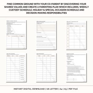 May include: Printable co-parenting planner worksheet with sections for finding common ground, creating a parenting plan, weekly custody schedule, holiday and special occasion schedule, and decision-making responsibilities.  The worksheet has a black and white design with a brown border.