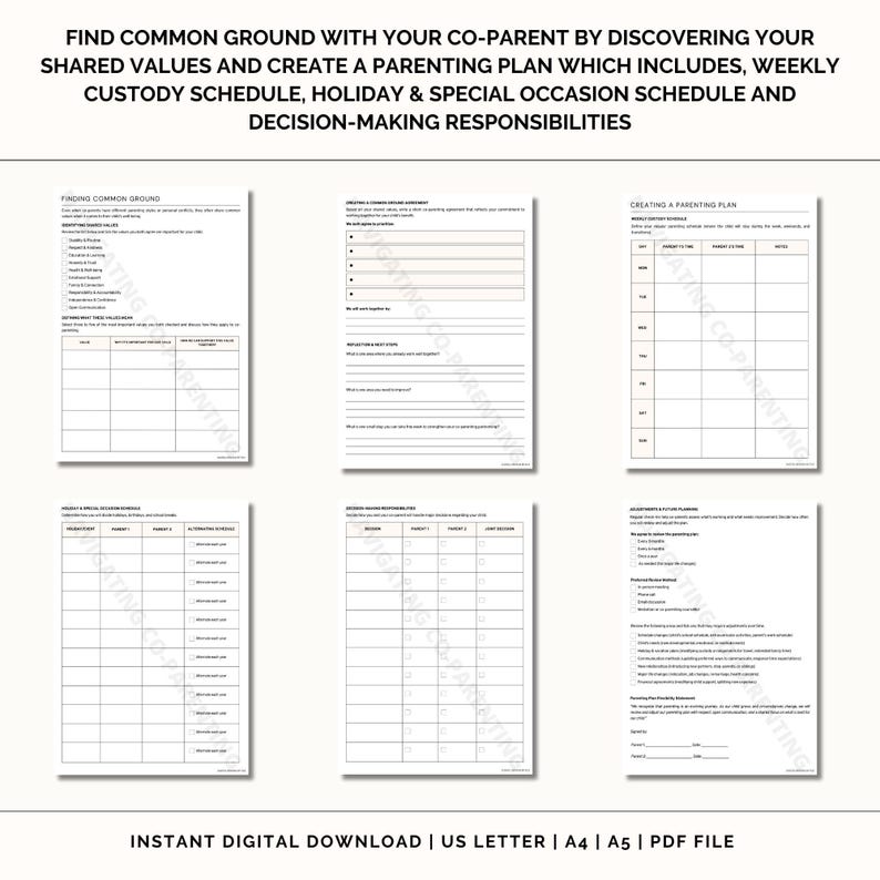 May include: Printable co-parenting planner worksheet with sections for finding common ground, creating a parenting plan, weekly custody schedule, holiday and special occasion schedule, and decision-making responsibilities.  The worksheet has a black and white design with a brown border.