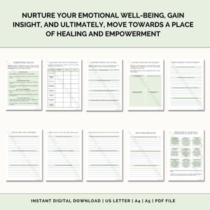 May include: A printable worksheet with a green background and white text. The worksheet is titled "Nurture Your Emotional Well-Being, Gain Insight, and Ultimately, Move Towards a Place of Healing and Empowerment". The worksheet includes sections such as "Verifying Facts", "Tracing Distortions", "Understanding Self-Blame", "Setting Personal Boundaries", "Being Present With Yourself", "Practicing Self-Kindness", "Reflecting on Your Pre-Abuse Self", "Reconnecting With Past Activities", "Self-Exploration", and "Motivation to Cultivate a Growth Mindset".