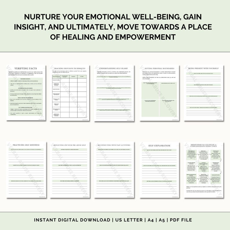 May include: A printable worksheet with a green background and white text. The worksheet is titled "Nurture Your Emotional Well-Being, Gain Insight, and Ultimately, Move Towards a Place of Healing and Empowerment". The worksheet includes sections such as "Verifying Facts", "Tracing Distortions", "Understanding Self-Blame", "Setting Personal Boundaries", "Being Present With Yourself", "Practicing Self-Kindness", "Reflecting on Your Pre-Abuse Self", "Reconnecting With Past Activities", "Self-Exploration", and "Motivation to Cultivate a Growth Mindset".