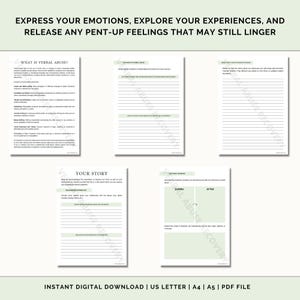 May include: A printable worksheet with the title "Express Your Emotions, Explore Your Experiences, and Release Any Pent-Up Feelings That May Still Linger." The worksheet is divided into sections titled "What is Verbal Abuse?", "Your Story", "Emotional Reactions", and "After Abuse Recovery".