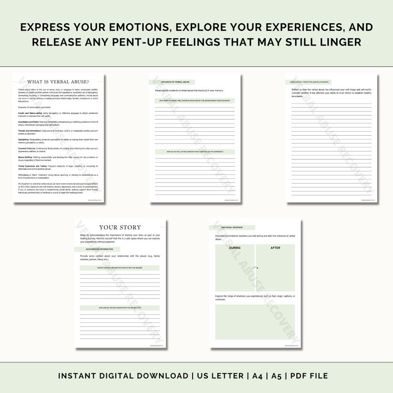 May include: A printable worksheet with the title "Express Your Emotions, Explore Your Experiences, and Release Any Pent-Up Feelings That May Still Linger." The worksheet is divided into sections titled "What is Verbal Abuse?", "Your Story", "Emotional Reactions", and "After Abuse Recovery".