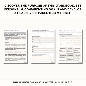 May include: A printable workbook with a blue, white, and gray color scheme. The workbook is titled "Discover the Purpose of This Workbook, Set Personal & Co-Parenting Goals and Develop a Healthy Co-Parenting Mindset". The workbook is divided into three sections: "Your Co-Parenting Journey", "Setting Personal & Co-Parenting Goals", and "Developing a Healthy Co-Parenting Mindset".