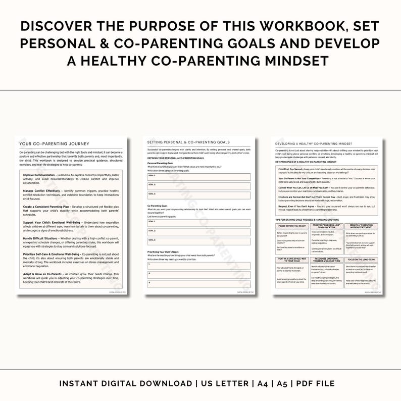 May include: A printable workbook with a blue, white, and gray color scheme. The workbook is titled "Discover the Purpose of This Workbook, Set Personal & Co-Parenting Goals and Develop a Healthy Co-Parenting Mindset". The workbook is divided into three sections: "Your Co-Parenting Journey", "Setting Personal & Co-Parenting Goals", and "Developing a Healthy Co-Parenting Mindset".