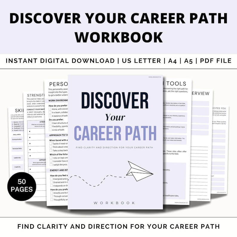 May include: A purple and white workbook titled "Discover Your Career Path Workbook" with a paper airplane graphic. The workbook is designed to help you find clarity and direction for your career path. It includes 50 pages of exercises and activities.