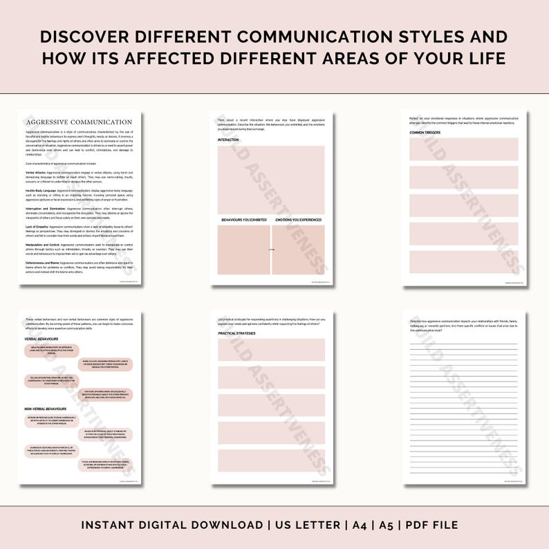 K&ouml;nnte beinhalten: Ein druckbares Arbeitsblatt mit dem Titel "Entdecke verschiedene Kommunikationsstile und wie sie verschiedene Bereiche deines Lebens beeinflusst haben". Das Arbeitsblatt ist in Abschnitte f&uuml;r aggressive, assertive und passive Kommunikationsstile unterteilt. Jeder Abschnitt enth&auml;lt Aufforderungen zur Reflexion und Selbsteinsch&auml;tzung.