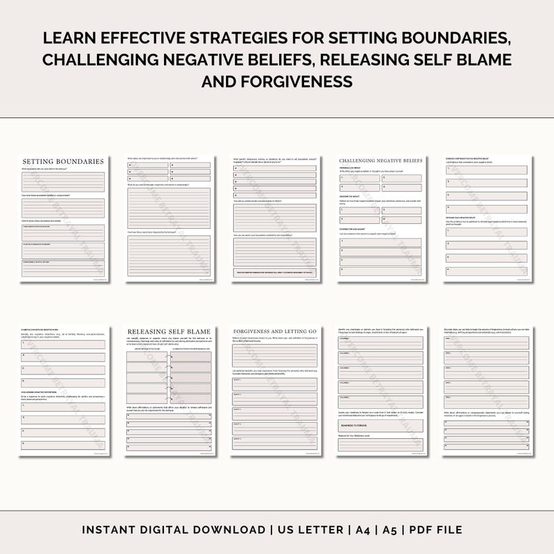 May include: A printable worksheet with five sections: Setting Boundaries, Challenging Negative Beliefs, Releasing Self Blame, Forgiveness and Letting Go. Each section has a title and several lines for writing.