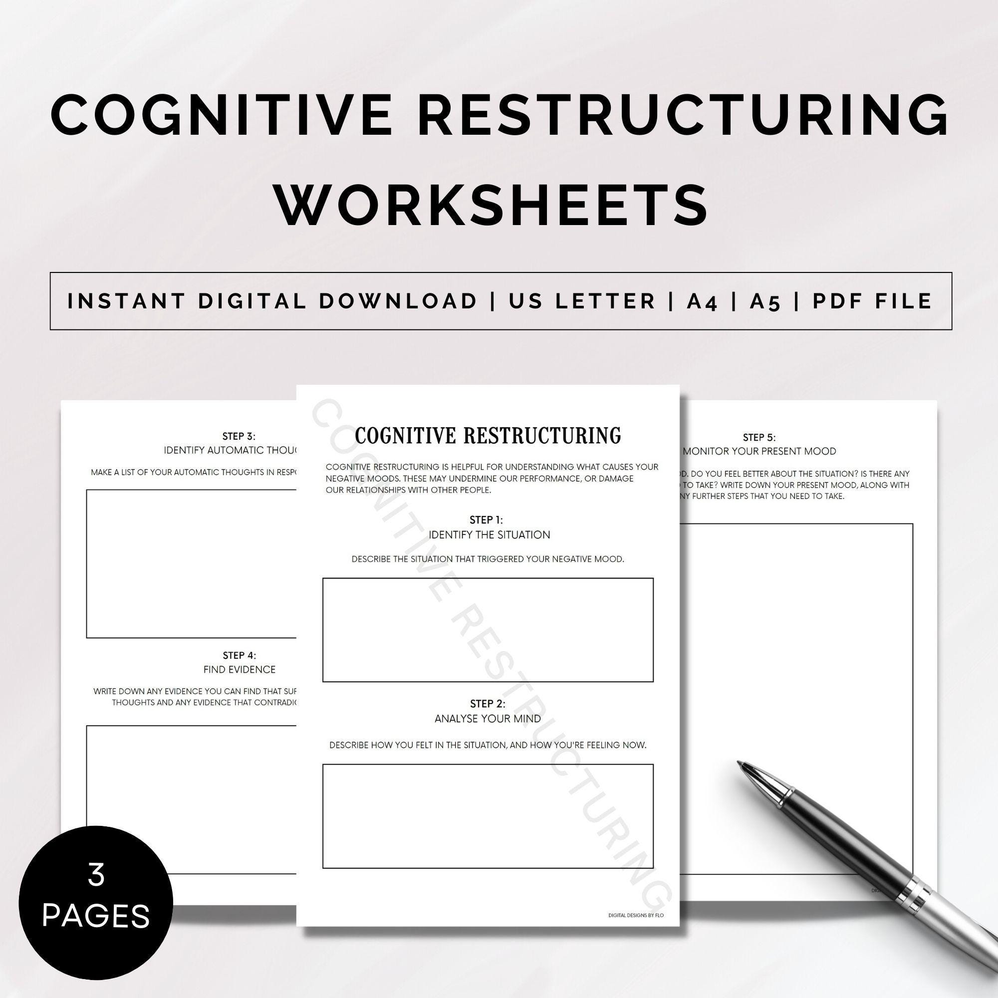 Cognitieve herstructureringswerkbladen, CGT-werkbladen, cognitieve vervormingen, uitdagende werkbladen, CGT-therapie, copingvaardigheden, pdf
