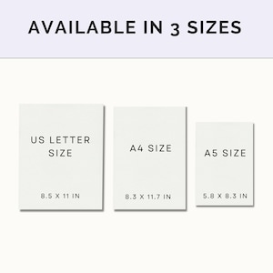 May include: Three white paper rectangles with black text showing the different sizes available for prints. The sizes are US Letter (8.5 x 11 inches), A4 (8.3 x 11.7 inches), and A5 (5.8 x 8.3 inches).
