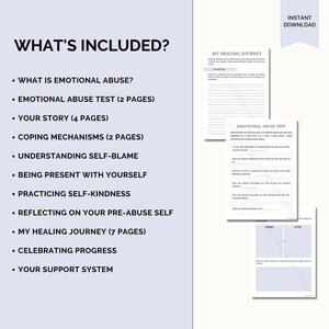 K&ouml;nnte beinhalten: Ein druckbares Arbeitsbuch mit einer Liste von Themen rund um emotionalen Missbrauch und Heilung. Die Themen umfassen "Was ist emotionaler Missbrauch?", "Emotionaler Missbrauchstest", "Deine Geschichte", "Bew&auml;ltigungsmechanismen", "Selbstvorw&uuml;rfe verstehen", "In der Gegenwart mit dir selbst sein", "Selbstmitgef&uuml;hl &uuml;ben", "&Uuml;ber dein Leben vor dem Missbrauch nachdenken", "Meine Heilungsreise", "Fortschritte feiern" und "Dein Unterst&uuml;tzungssystem".