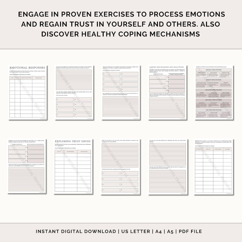 May include: A printable workbook with worksheets for processing emotions, regaining trust, and discovering healthy coping mechanisms. The workbook includes titles such as "Emotional Responses", "Exploring Trust Issues", and "Coping Mechanisms and Reactions".