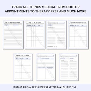 K&ouml;nnte beinhalten: Ein druckbarer medizinischer Tracker mit Abschnitten f&uuml;r Arztbesuche, Therapie-Termine, angesprochene Bedenken, Therapieziele, Vorbereitung auf die Therapie und Therapiefortschrittsnotizen. Der Tracker soll Menschen helfen, ihre medizinische und psychische Gesundheitsreise zu verfolgen.