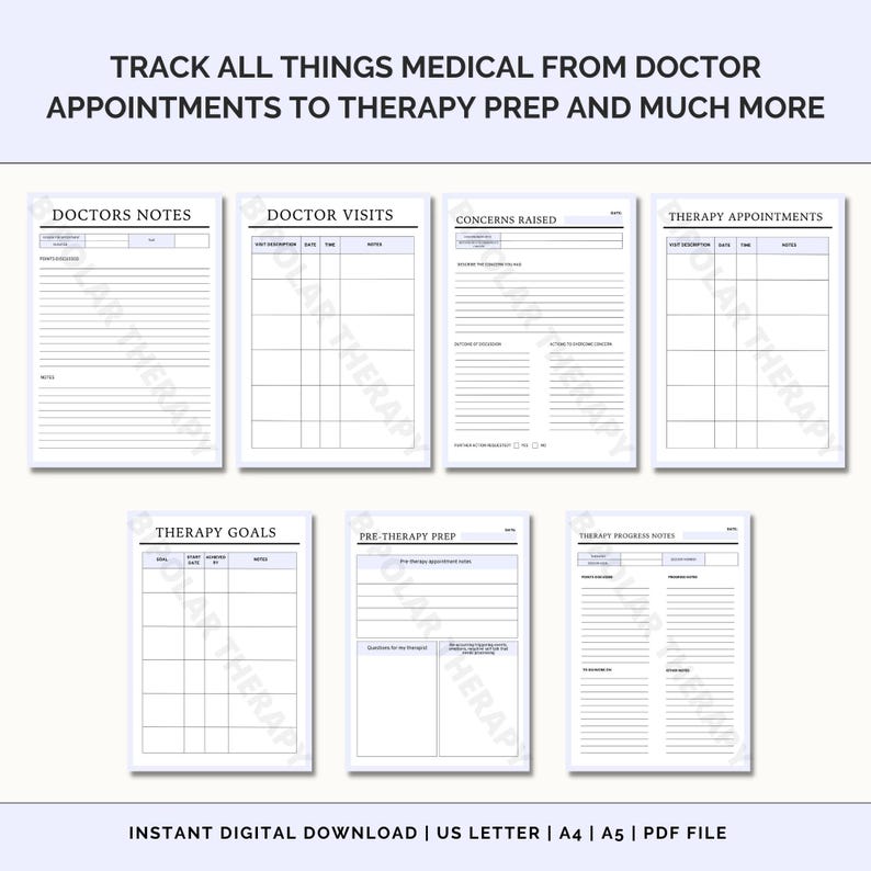 K&ouml;nnte beinhalten: Ein druckbarer medizinischer Tracker mit Abschnitten f&uuml;r Arztbesuche, Therapie-Termine, angesprochene Bedenken, Therapieziele, Vorbereitung auf die Therapie und Therapiefortschrittsnotizen. Der Tracker soll Menschen helfen, ihre medizinische und psychische Gesundheitsreise zu verfolgen.
