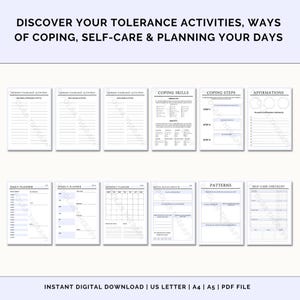 K&ouml;nnte beinhalten: Ein druckbares Arbeitsblatt mit hellblauem Hintergrund und schwarzem Text. Das Arbeitsblatt ist in Abschnitte mit Titeln wie "Stress-Toleranz-Aktivit&auml;ten", "Bew&auml;ltigungsf&auml;higkeiten", "Bew&auml;ltigungsschritte", "Affirmationen", "Tagesplaner", "Wochenplaner", "Monatsplaner", "Mental Health Check In", "Muster" und "Selbstpflege-Checkliste" unterteilt.