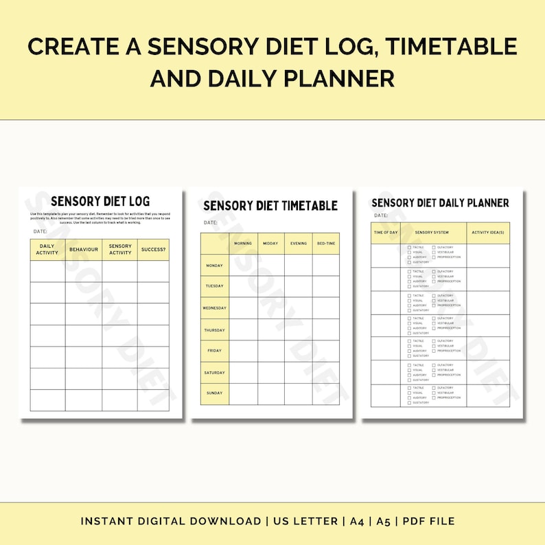 May include: Printable sensory diet log, timetable, and daily planner. The log has columns for daily activity, sensory behavior, sensory activity, and success. The timetable has columns for morning, midday, evening, and bedtime. The daily planner has columns for time of day, sensory system, and activity ideas.